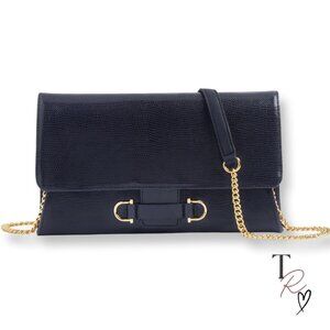 Talbots Navy Lizard Embossed Leather Equestrian Buckle Chain Crossbody Clutch